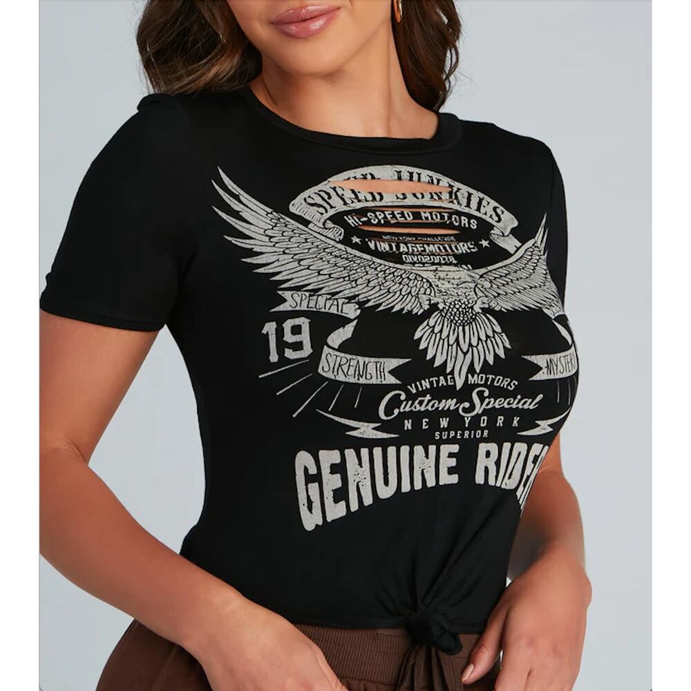 Windsor Black Genuine Riders Eagle Knot Short Sleeve Crew Neck Crop Top Tee